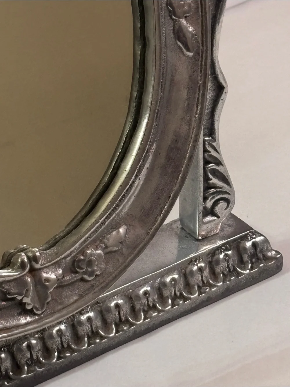 Pewter Silver Ornate Oval Freestanding Vanity Mirror